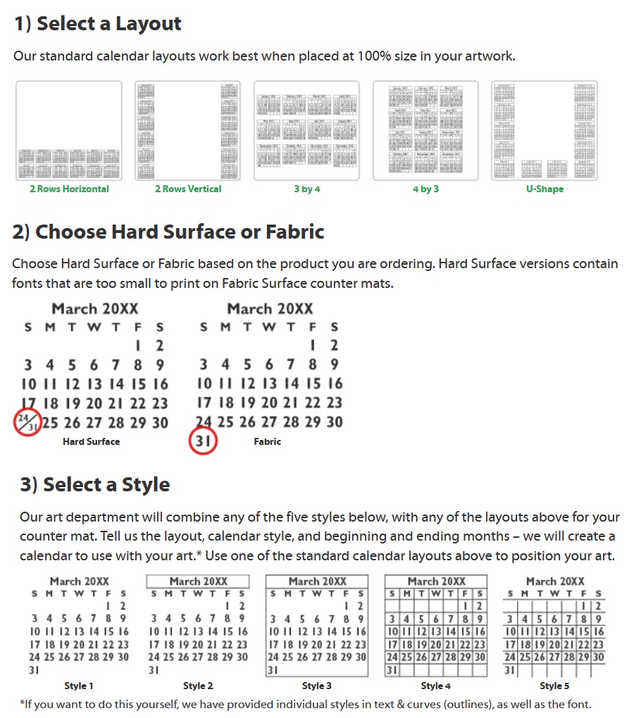 Calendar Counter Mat Layout